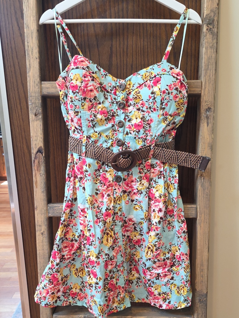 Purple Snow Floral Button-Front Mini Dress in Aqua with Pink & Yellow Blossoms